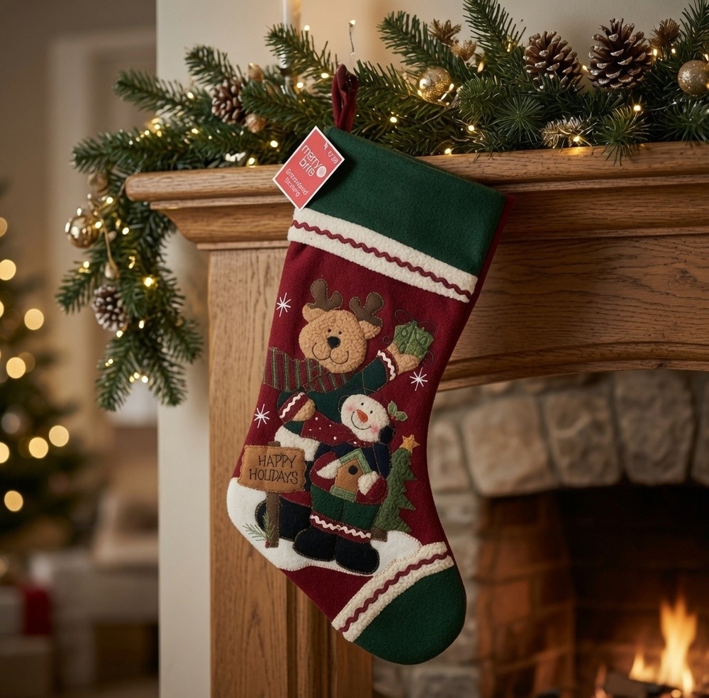 Merry Brite Embroidered Christmas Stocking with Snowman & Reindeer Design
